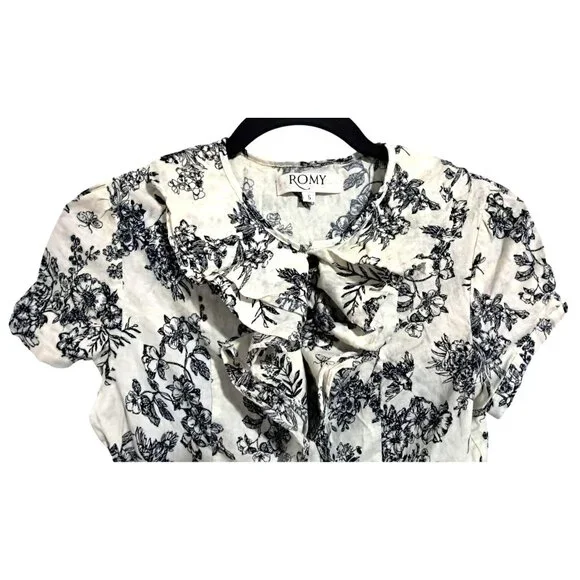 Romy Womens Small Floral Button-Down Blouse With Ruffle Collar Short Sleeves 100 - Picture 5 of 8